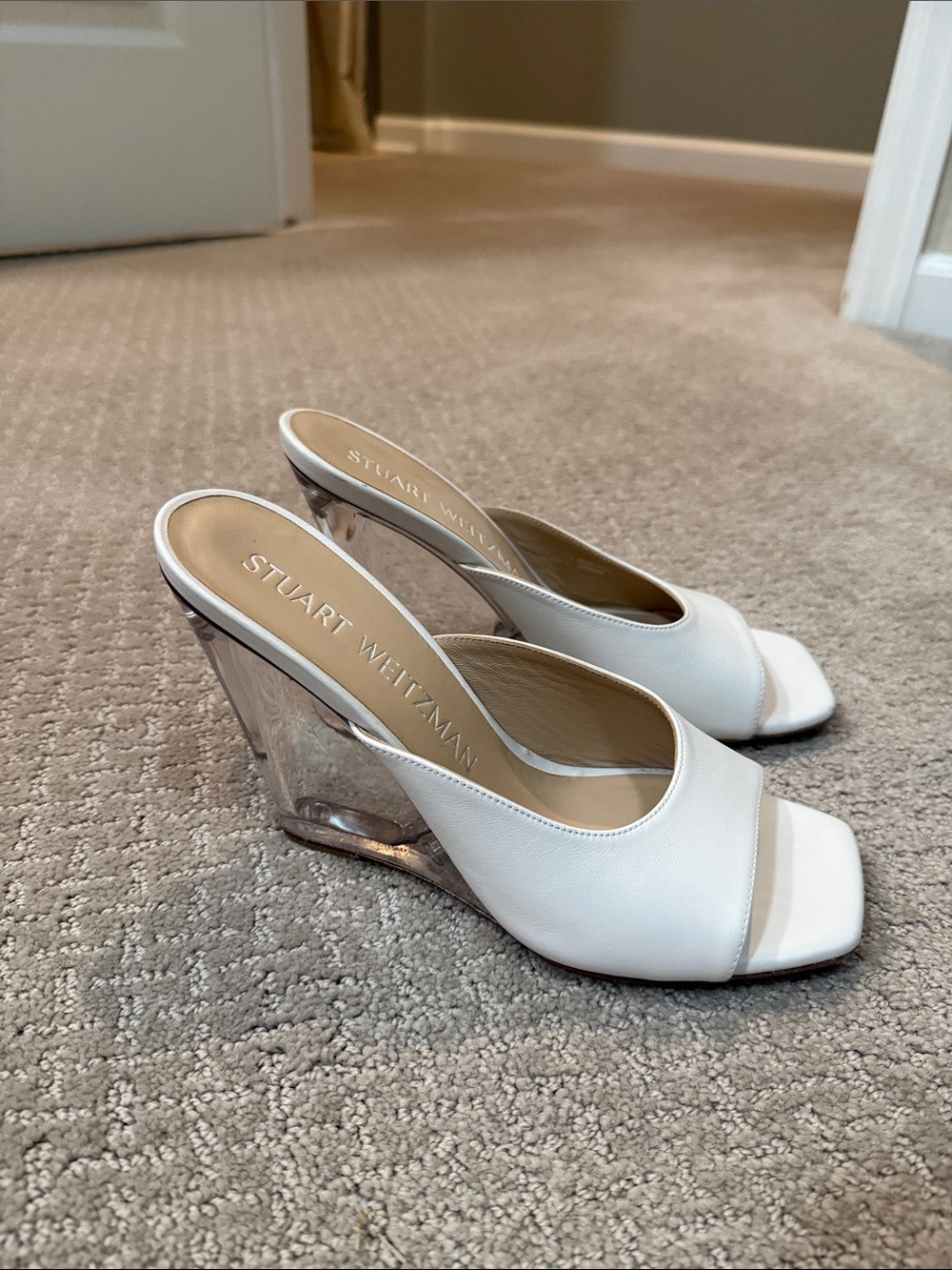 Stuart Weitzman White Leather Open-Toe Wedge Sandals with Clear Heel